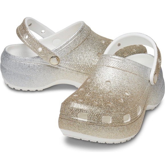 CROCS Shoes - Crocs Classic Platform Ombre Glitter Women's Clogs Gold Silver White